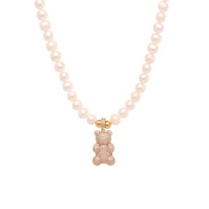 COLLAR TEDDY BEAR PEARL SHINY GOLD