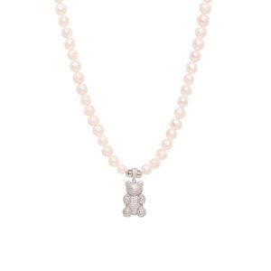 COLLAR TEDDY BEAR PEARL SHINY SILVER