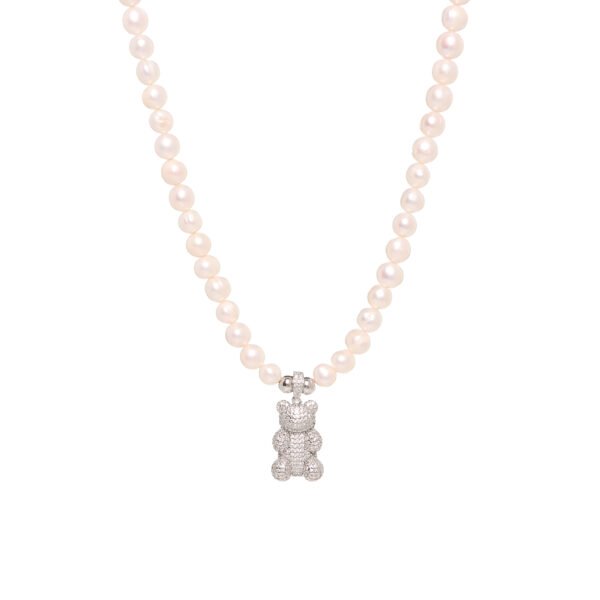 COLLAR TEDDY BEAR PEARL SHINY SILVER